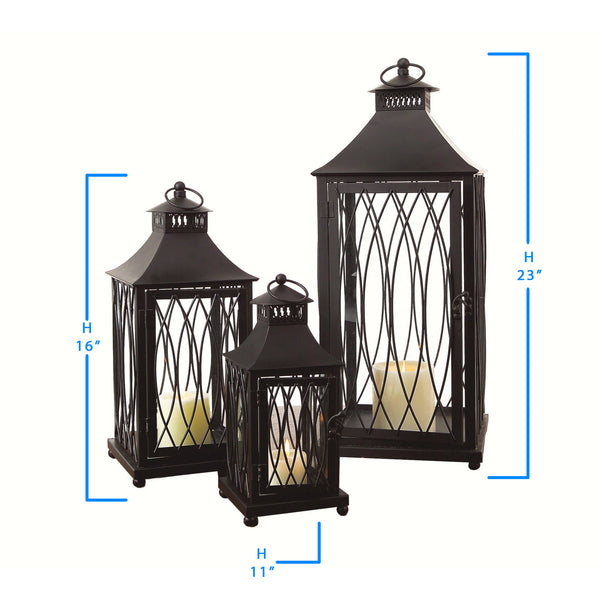 Homeroots Set Of Three Black Glass And Metal Geometric Floor Lantern Candle Holders   516435