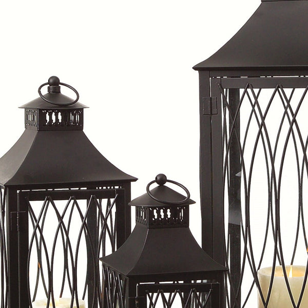 Homeroots Set Of Three Black Glass And Metal Geometric Floor Lantern Candle Holders   516435