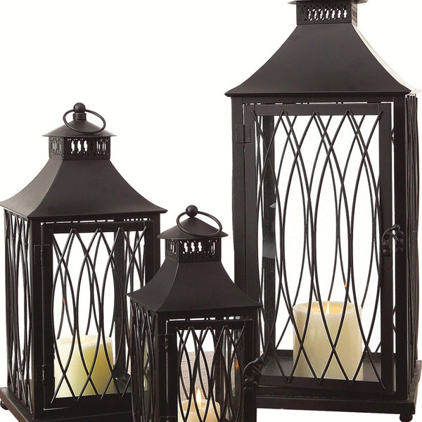 Homeroots Set Of Three Black Glass And Metal Geometric Floor Lantern Candle Holders   516435