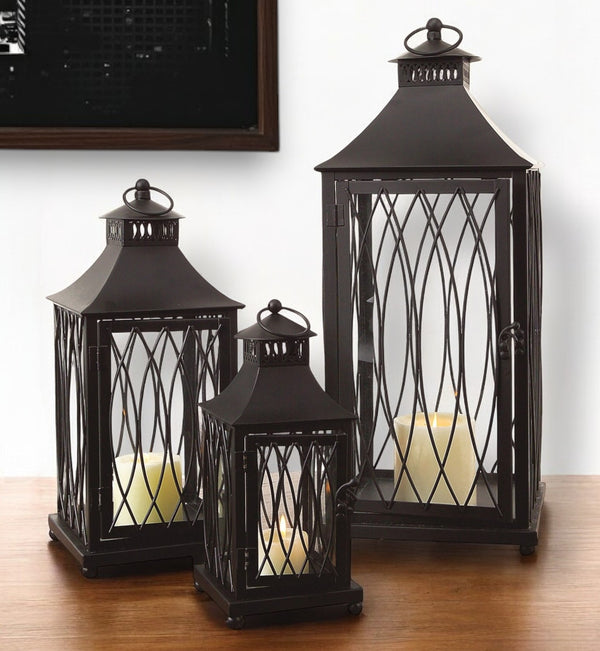 Homeroots Set Of Three Black Glass And Metal Geometric Floor Lantern Candle Holders   516435