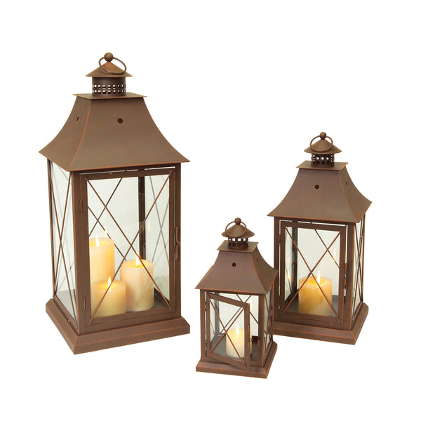 Homeroots Set Of Three Brown Glass And Metal Lattice Floor Lantern Candle Holders   516436