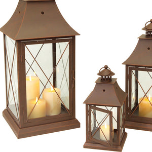 Homeroots Set Of Three Brown Glass And Metal Lattice Floor Lantern Candle Holders   516436