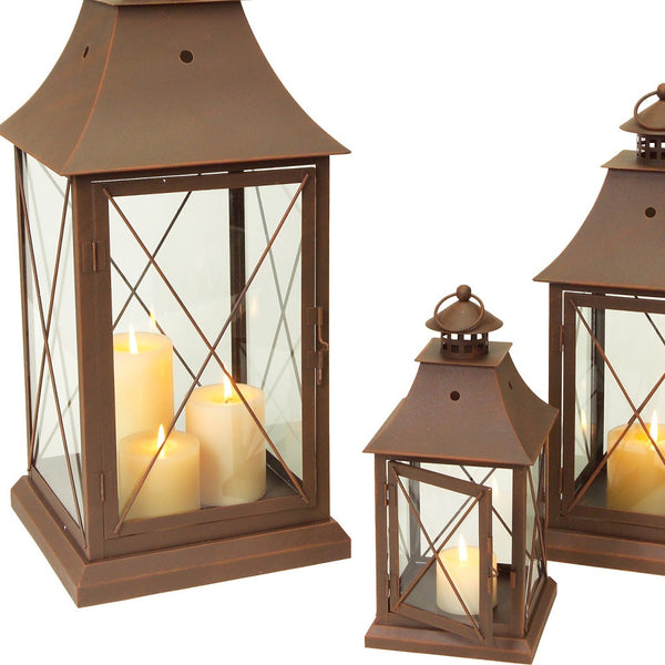 Homeroots Set Of Three Brown Glass And Metal Lattice Floor Lantern Candle Holders   516436