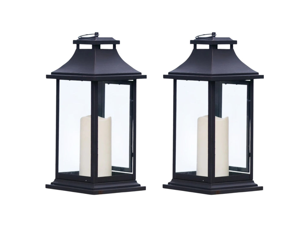 HomeRoots Set of Two Elegant Black Floor Lantern Candle Holders with LED Candles for Warm Ambiance 516437