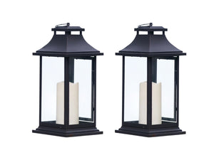 HomeRoots Set of Two Elegant Black Floor Lantern Candle Holders with LED Candles for Warm Ambiance 516437