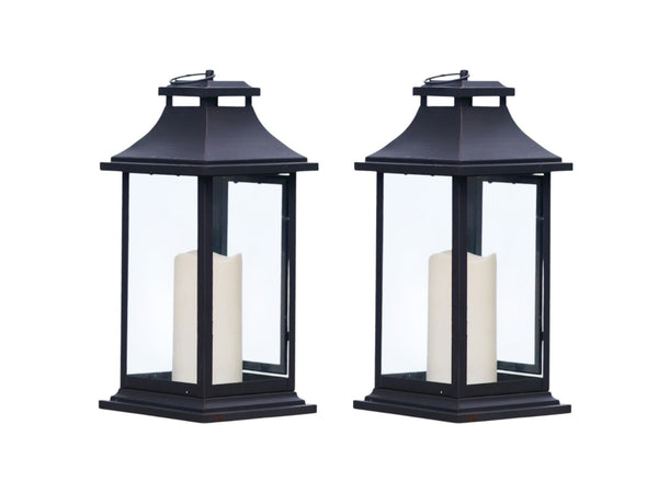 HomeRoots Set of Two Elegant Black Floor Lantern Candle Holders with LED Candles for Warm Ambiance 516437