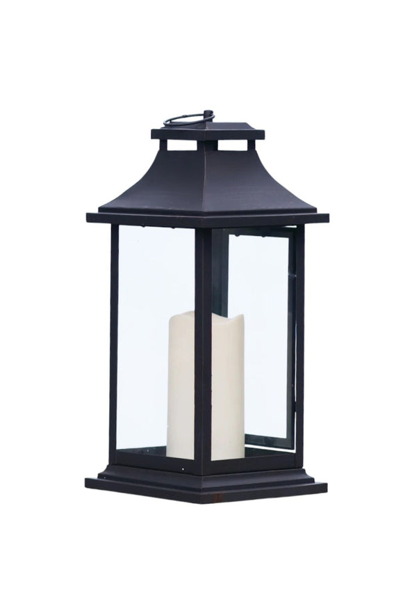HomeRoots Set of Two Elegant Black Floor Lantern Candle Holders with LED Candles for Warm Ambiance 516437