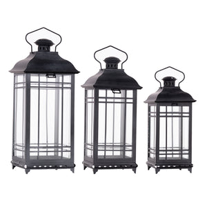 Homeroots Set Of Three Gray Glass And Metal Geometric Floor Lantern Candle Holders   516440