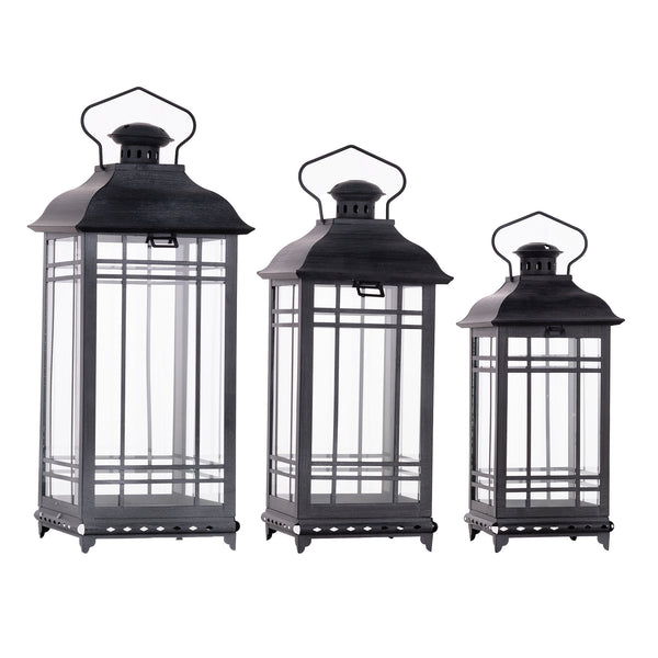 Homeroots Set Of Three Gray Glass And Metal Geometric Floor Lantern Candle Holders   516440