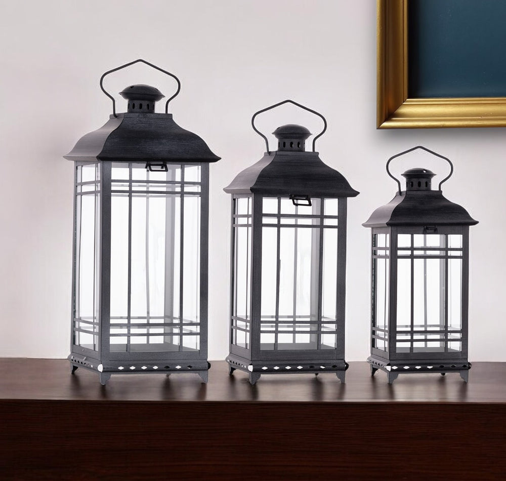 Homeroots Set Of Three Gray Glass And Metal Geometric Floor Lantern Candle Holders   516440