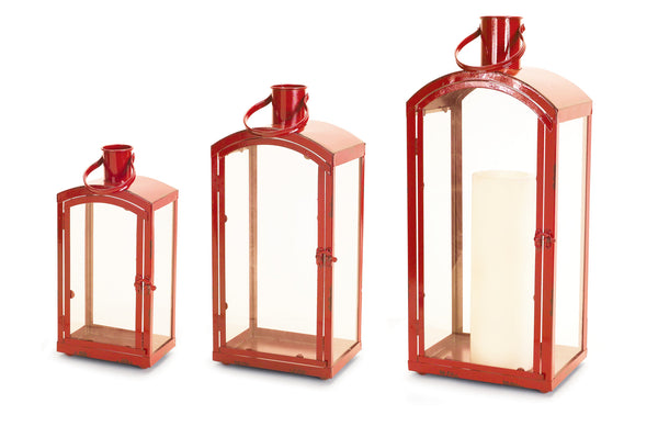 Homeroots Set Of Three Red Metal And Glass Floor Lantern Candle Holders   516441