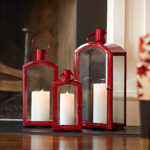Homeroots Set Of Three Red Metal And Glass Floor Lantern Candle Holders   516441
