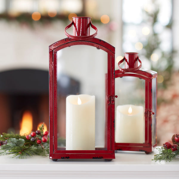 Homeroots Set Of Three Red Metal And Glass Floor Lantern Candle Holders   516441