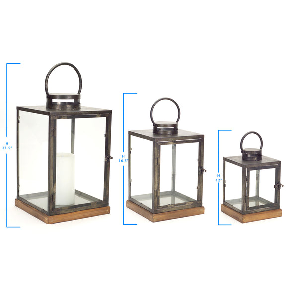 Homeroots Set Of Three Gray And Brown Glass Metal And Wood Geometric Floor Lantern Candle Holders   516442