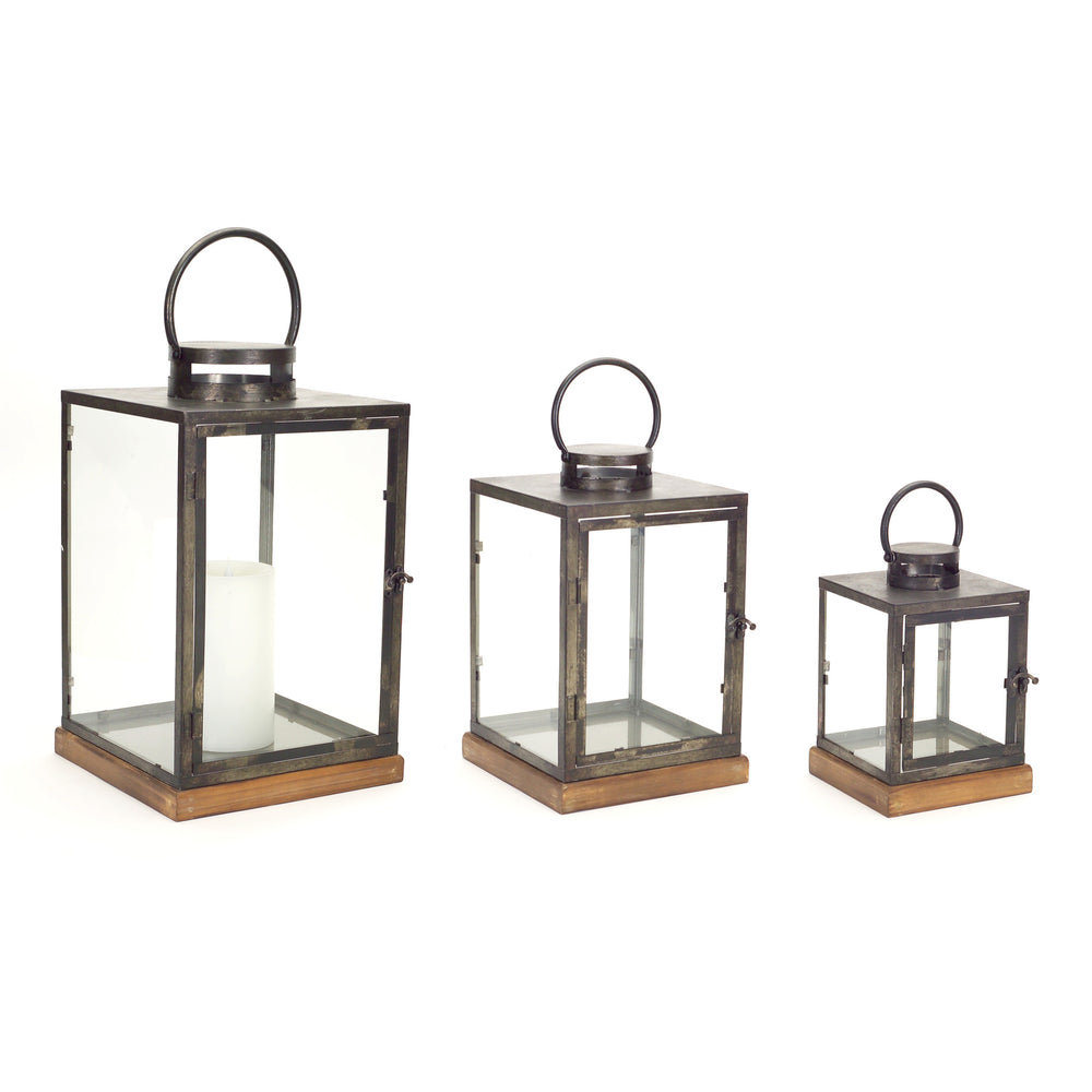 Homeroots Set Of Three Gray And Brown Glass Metal And Wood Geometric Floor Lantern Candle Holders   516442
