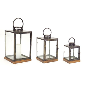 Homeroots Set Of Three Gray And Brown Glass Metal And Wood Geometric Floor Lantern Candle Holders   516442