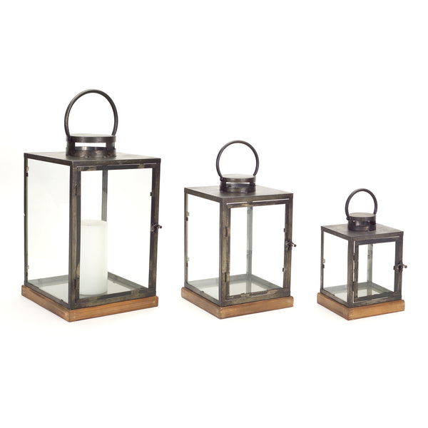 Homeroots Set Of Three Gray And Brown Glass Metal And Wood Geometric Floor Lantern Candle Holders   516442