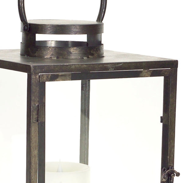 Homeroots Set Of Three Gray And Brown Glass Metal And Wood Geometric Floor Lantern Candle Holders   516442