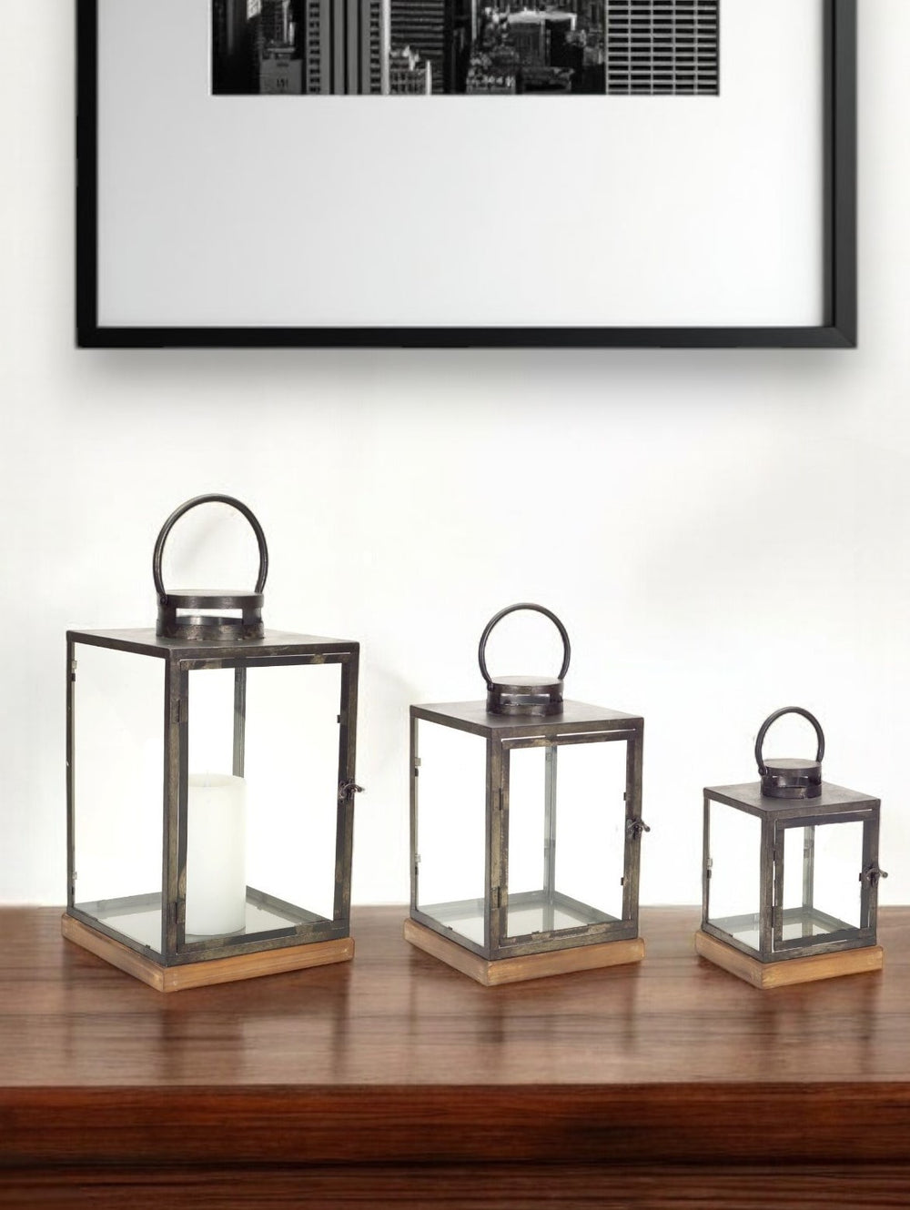 Homeroots Set Of Three Gray And Brown Glass Metal And Wood Geometric Floor Lantern Candle Holders   516442