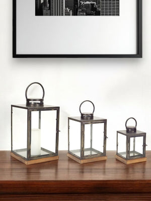 Homeroots Set Of Three Gray And Brown Glass Metal And Wood Geometric Floor Lantern Candle Holders   516442