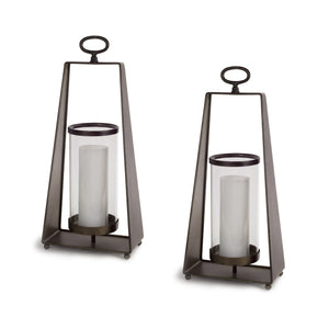 Homeroots Set Of Two Brown Metal And Glass Tabletop Lantern Candle Holders   516445