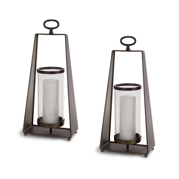 Homeroots Set Of Two Brown Metal And Glass Tabletop Lantern Candle Holders   516445