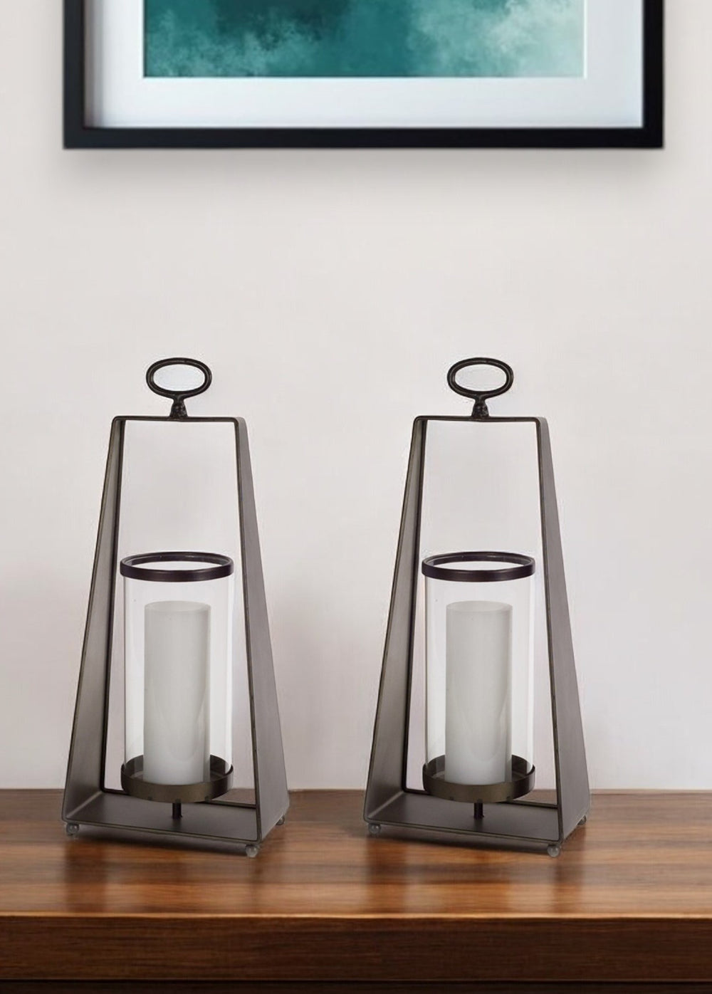 Homeroots Set Of Two Brown Metal And Glass Tabletop Lantern Candle Holders   516445