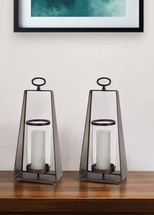 Homeroots Set Of Two Brown Metal And Glass Tabletop Lantern Candle Holders   516445
