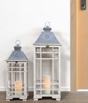 Homeroots Set Of Two White And Silver Metal Geometric Floor Lantern Candle Holders   516446
