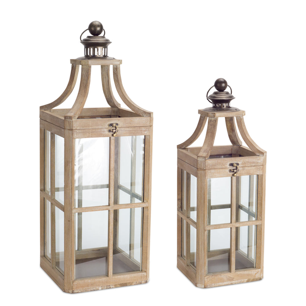 Homeroots Set Of Two Brown Wood And Glass Geometric Floor Lantern Candle Holders   516447