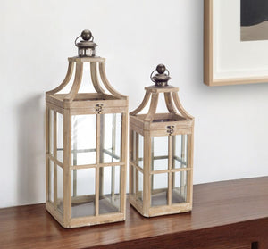 Homeroots Set Of Two Brown Wood And Glass Geometric Floor Lantern Candle Holders   516447