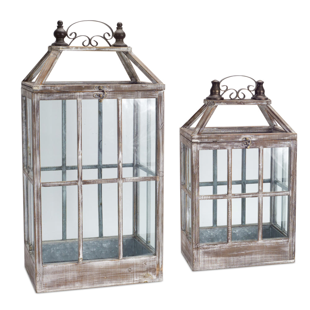 Homeroots Set Of Two White Washed Wood And Glass Floor Lantern Candle Holders   516448