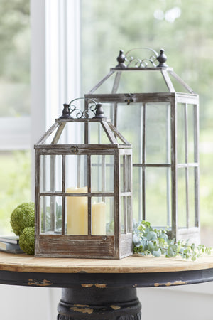 Homeroots Set Of Two White Washed Wood And Glass Floor Lantern Candle Holders   516448