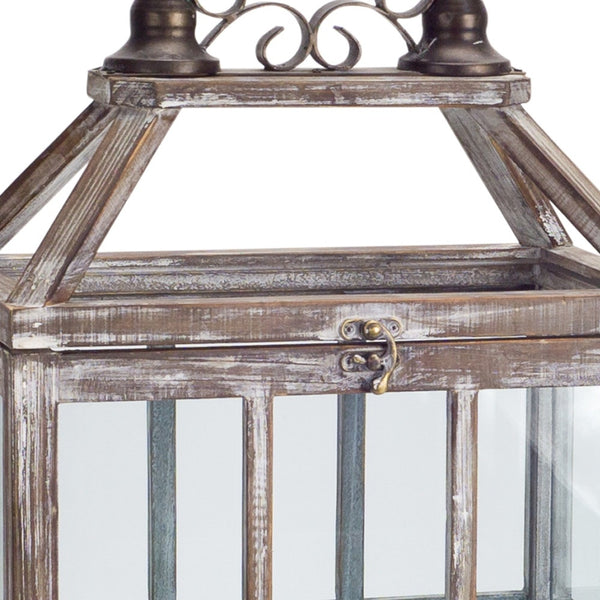 Homeroots Set Of Two White Washed Wood And Glass Floor Lantern Candle Holders   516448