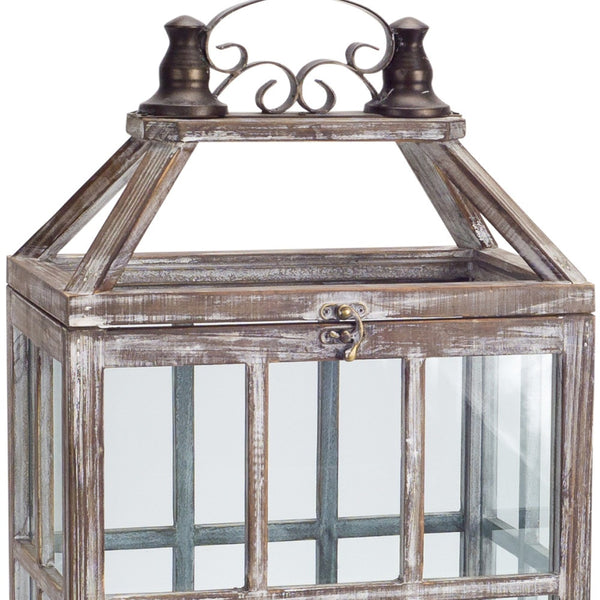 Homeroots Set Of Two White Washed Wood And Glass Floor Lantern Candle Holders   516448