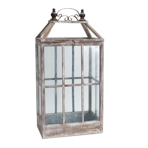 Homeroots Set Of Two White Washed Wood And Glass Floor Lantern Candle Holders   516448