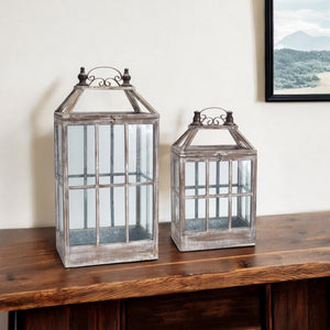 Homeroots Set Of Two White Washed Wood And Glass Floor Lantern Candle Holders   516448
