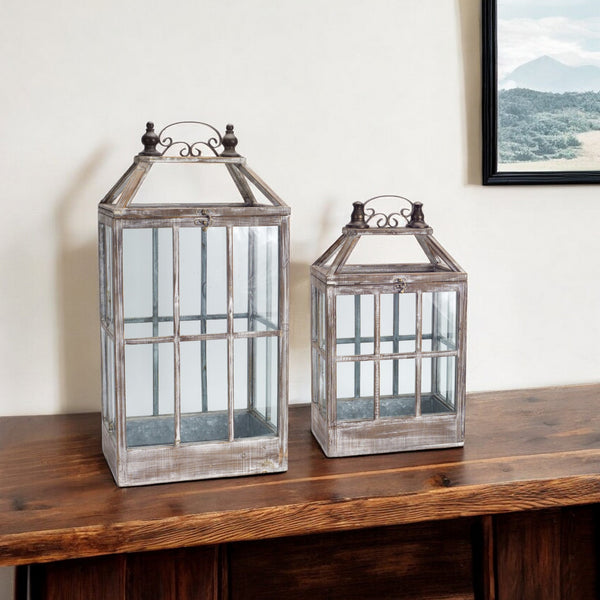 Homeroots Set Of Two White Washed Wood And Glass Floor Lantern Candle Holders   516448