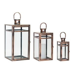 Homeroots Set Of Three Copper Glass And Metal Geometric Floor Lantern Candle Holders   516455
