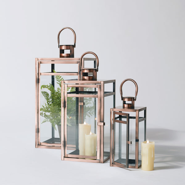 Homeroots Set Of Three Copper Glass And Metal Geometric Floor Lantern Candle Holders   516455
