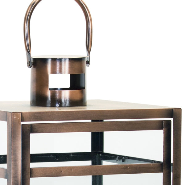 Homeroots Set Of Three Copper Glass And Metal Geometric Floor Lantern Candle Holders   516455