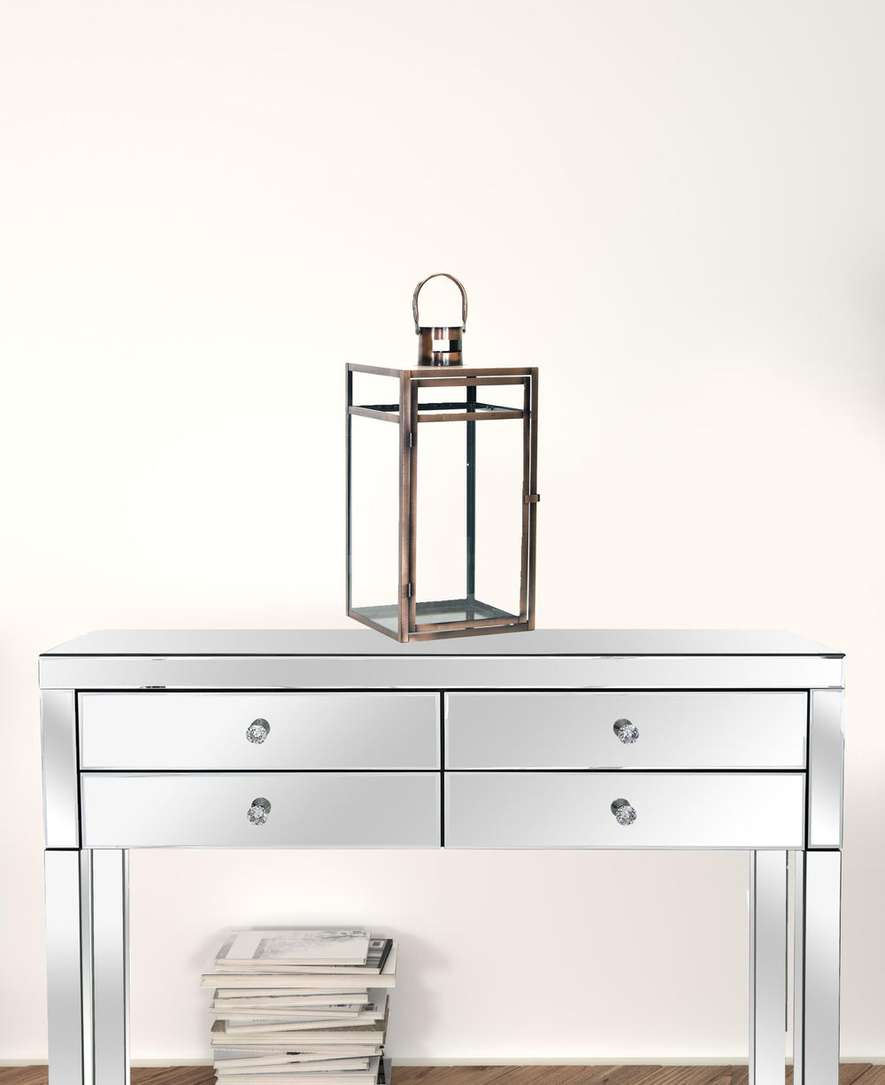 Homeroots Set Of Three Copper Glass And Metal Geometric Floor Lantern Candle Holders   516455