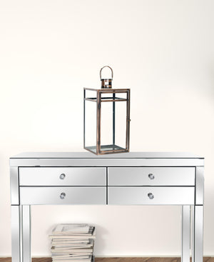 Homeroots Set Of Three Copper Glass And Metal Geometric Floor Lantern Candle Holders   516455