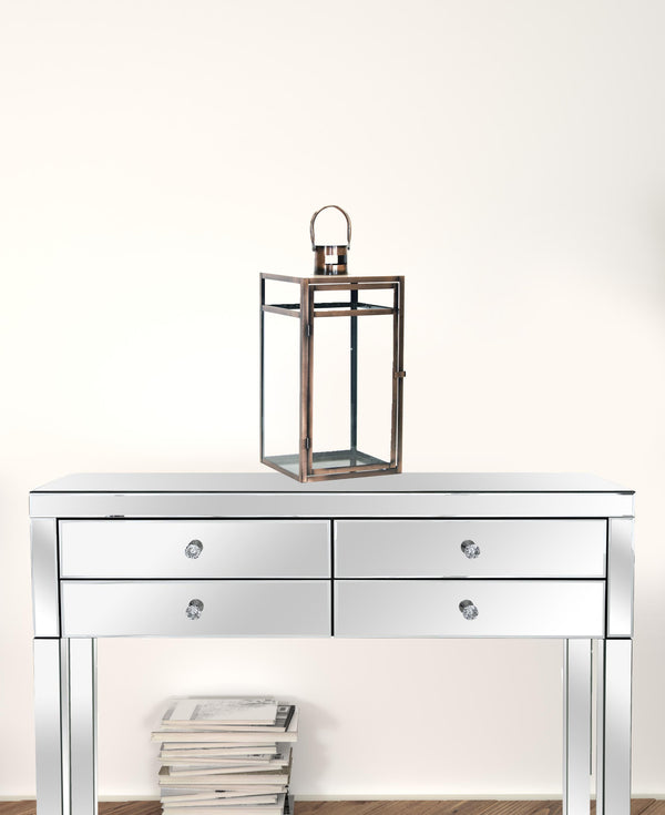 Homeroots Set Of Three Copper Glass And Metal Geometric Floor Lantern Candle Holders   516455