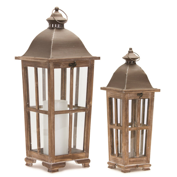 Homeroots Set Of Two Natural Solid Wood Ornate Tabletop Lantern Candle Holders   516456