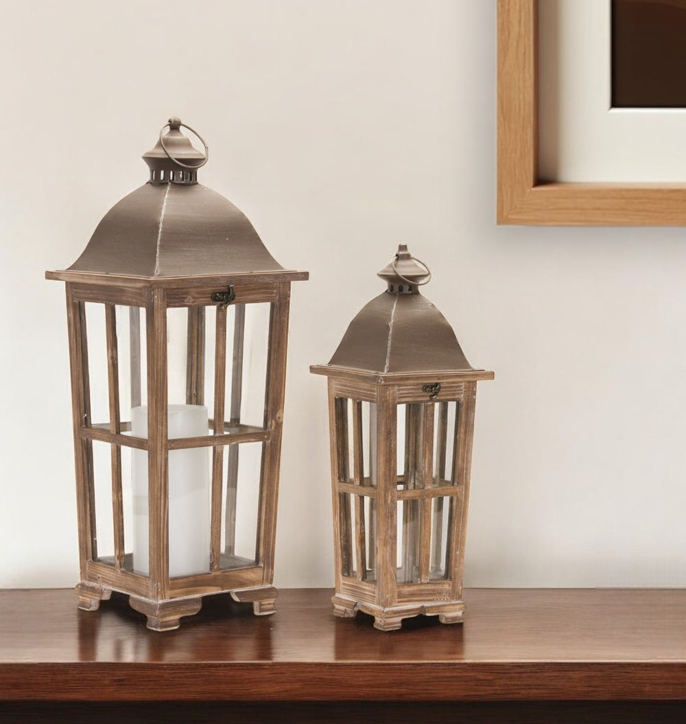 Homeroots Set Of Two Natural Solid Wood Ornate Tabletop Lantern Candle Holders   516456