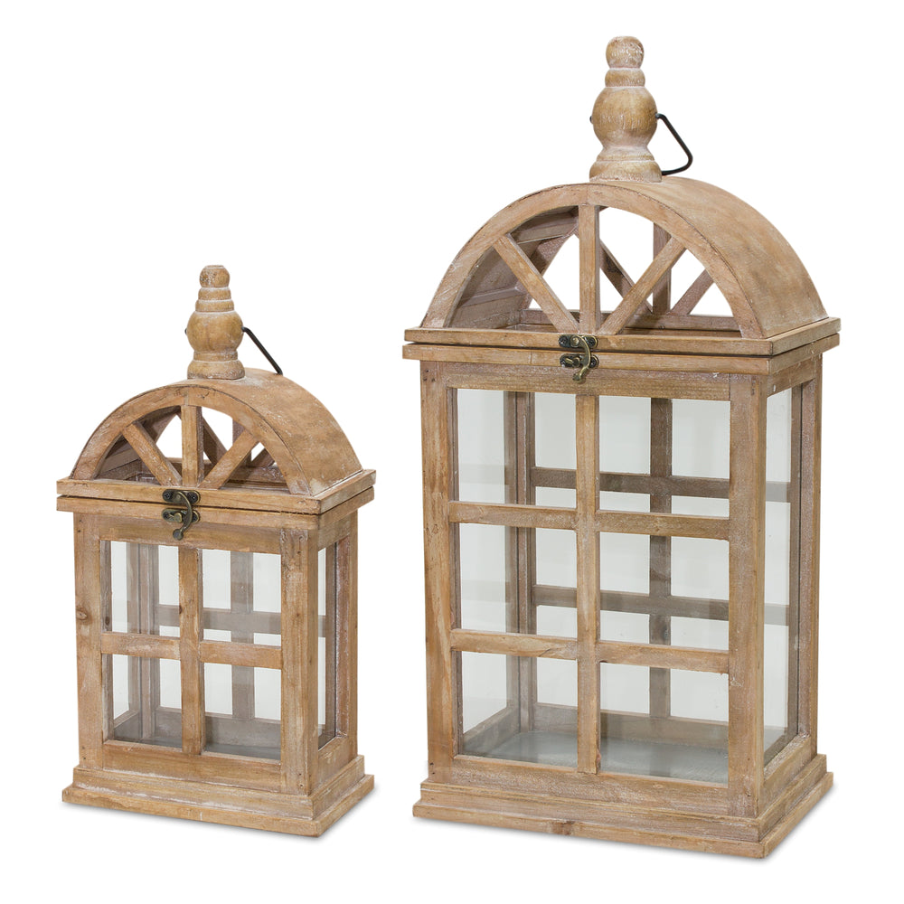 Homeroots Set Of Two Natural Wood And Glass Geometric Floor Lantern Candle Holders   516459