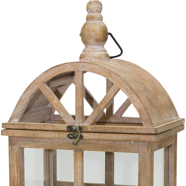 Homeroots Set Of Two Natural Wood And Glass Geometric Floor Lantern Candle Holders   516459