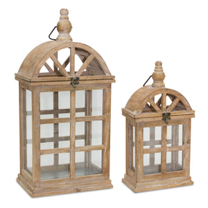 Homeroots Set Of Two Natural Wood And Glass Geometric Floor Lantern Candle Holders   516459