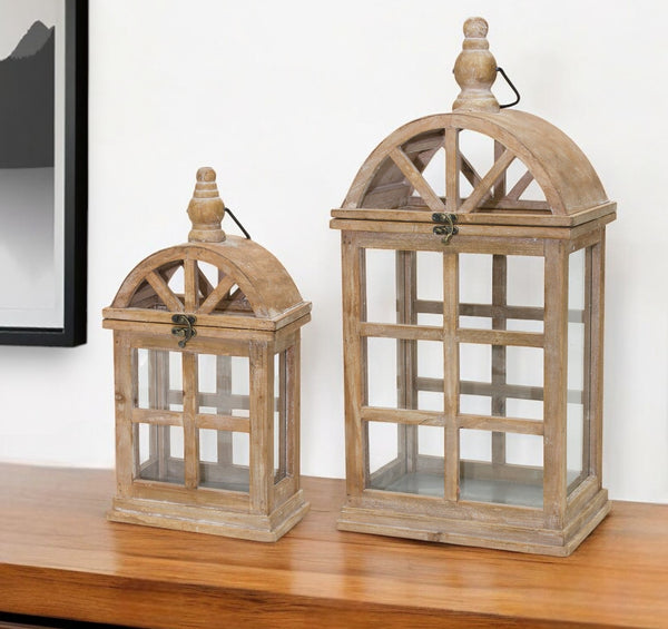 Homeroots Set Of Two Natural Wood And Glass Geometric Floor Lantern Candle Holders   516459